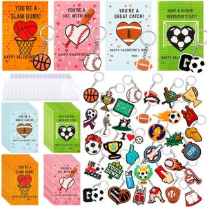 Batiyeer 36 Pack Valentines Day Gifts, Sports Valentines Keychains Bulk with Cards Soccer Football Basketball Keychain Exchange Gifts Sports Ball Key Chains Party Favors for Goodie Bag Prize Stuffers