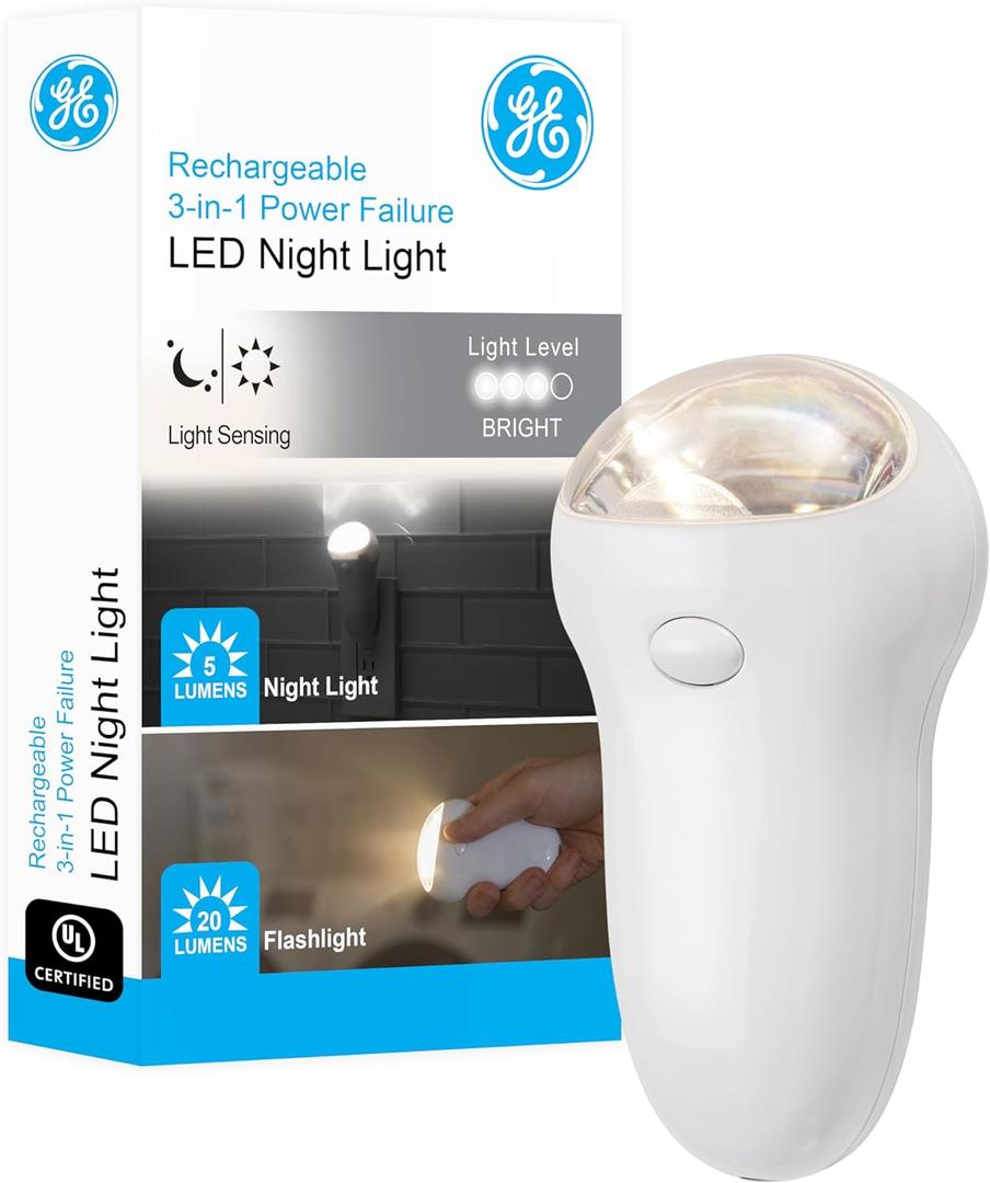 GE 3-in-1 LED Power Failure Night Light, Emergency Flashlight, Plug-In, Rechargeable, Light Sensing, Auto On/Off, Foldable Plug, Soft White, Hurricane, Storm, Tornado, Glossy White Finish, 11281