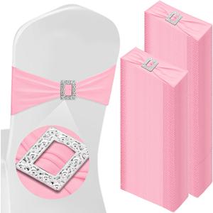 VitalCozy 150 Pcs Spandex Chair Sashes with Square Buckle Slider Stretch Chair Cover Band Universal Elastic Ties Straps Bows for Wedding Banquet Event Party Decoration(Light Pink)