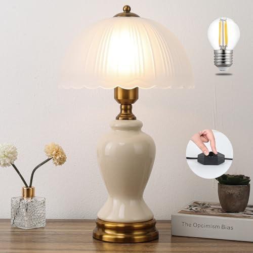 Ceramic Table Lamp Dimmable for Living Room, 16" Modern Vintage Bedside Nightstand Lamps with White Glass Shade,Classic Chinoiserie Retro Bedroom Lamp for Night Stands, Dorm,Office, Home Decor
