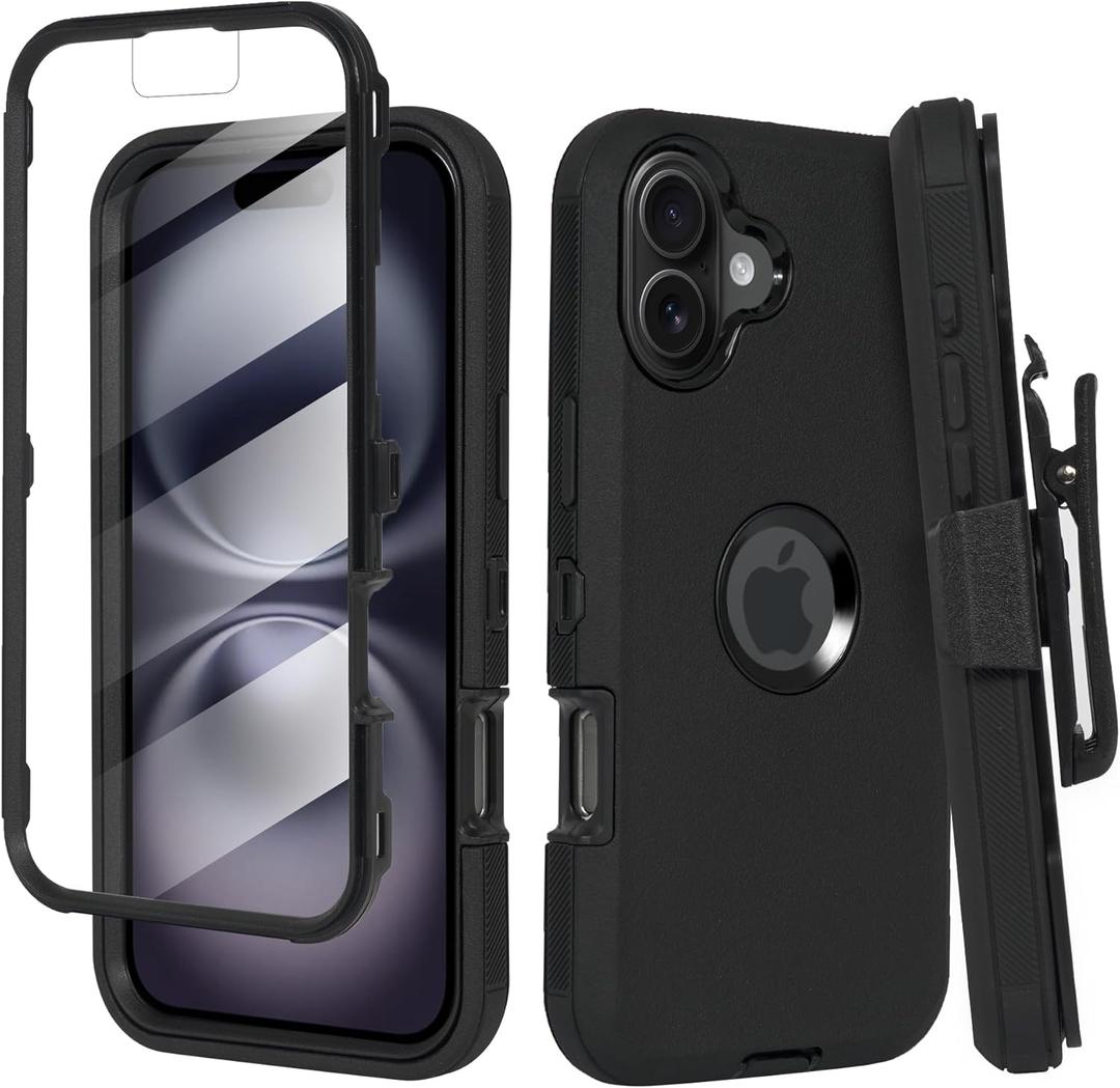 Compatible for iPhone 16 Plus Phone Case with 180-Degree Rotatable Holster, Clip Belt, and Built-in Screen Protector - Heavy Duty Military Grade Drop Protection for Ultimate Safety (Black)