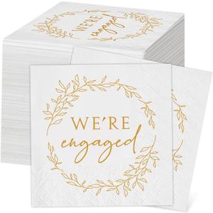 Kosiz 100 Pack We're Engaged Napkins Gift 3 Ply Disposable Paper Engagement Cocktail Napkins for Wedding Party Beverage Dinners Cake Tableware Decorations, 4.5 x 4.5 Inch
