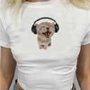 SHENHE Women's Cute Cat Graphic T-Shirt Slim Fitted Round Neck Print Crop Tee Tops (White, M)