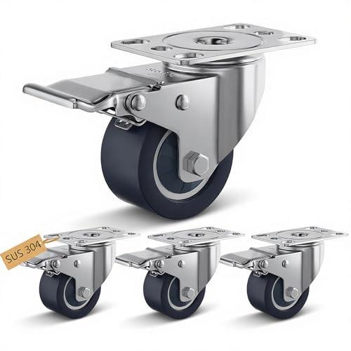 TESUMI 2" Inch Stainless Steel Caster Wheels Maintenance-Free SUS 304 Heavy Duty Casters Set of 4 Total Lock Brake Anti-Corrosion Waterproof Caster Wheels for Restaurants, Hospitals-4 Packs