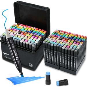 Izzoni 60 Colors Alcohol Markers Set, Dual Tip (Fine & Chisel) Coloring Markers, Permanent Art Drawing Marker for Kids Sketching Adult Coloring with Case and Holders (60 Colors - Black)