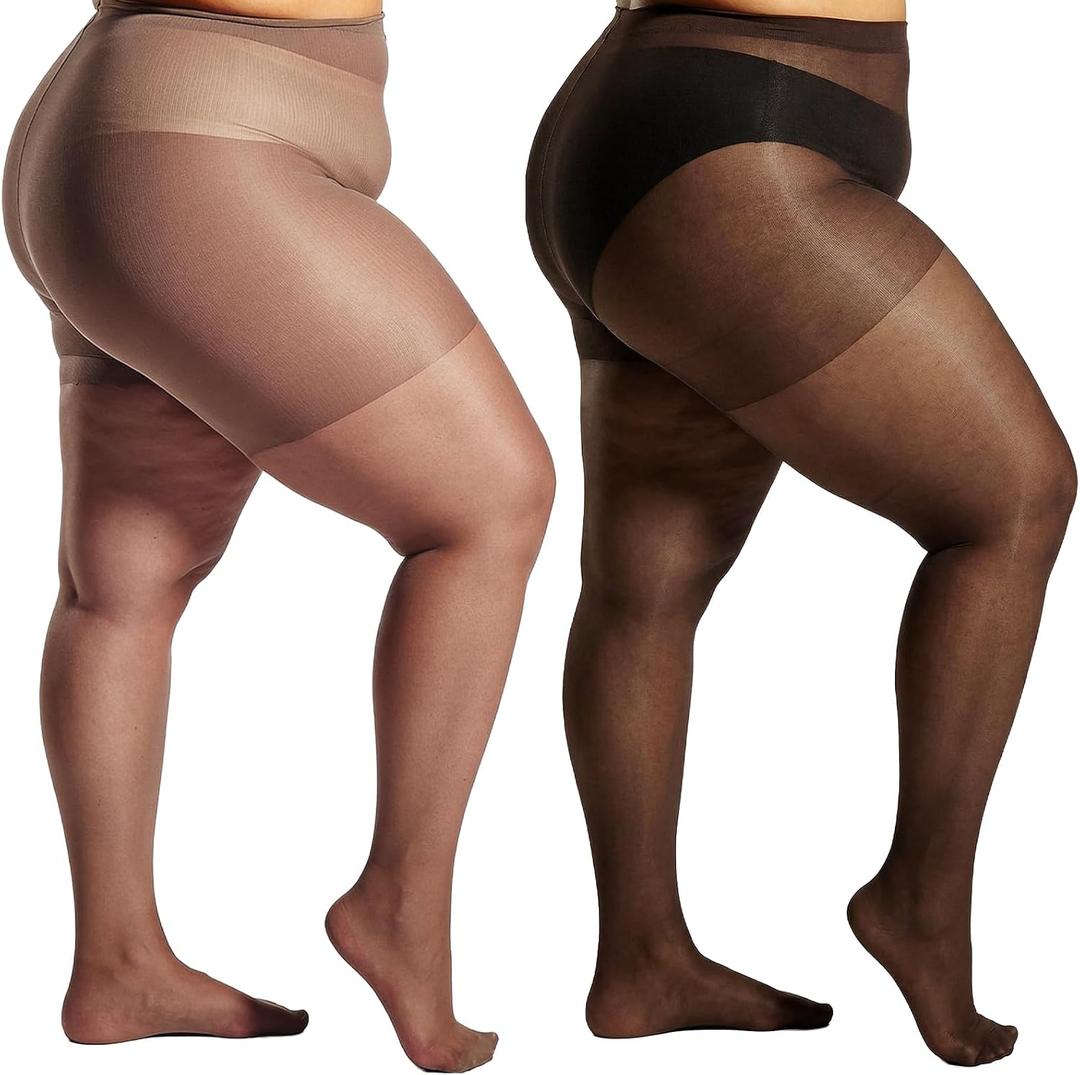 2 Pairs Plus Size Sheer Tights for Women High Waist Control Top Stockings Ultra Thin Pantyhose with Reinforced Toes
