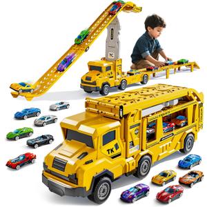 Truck Toys for Kids, Transport Vehicle with 12 Die-Cast Car, Double Race Car Track Cars Ramp Toy, Carrier Truck for Toddler 3-5, Christmas Birthday Gift for 3 4 5 6 7 8 Years Old Boys Girls (Yellow)