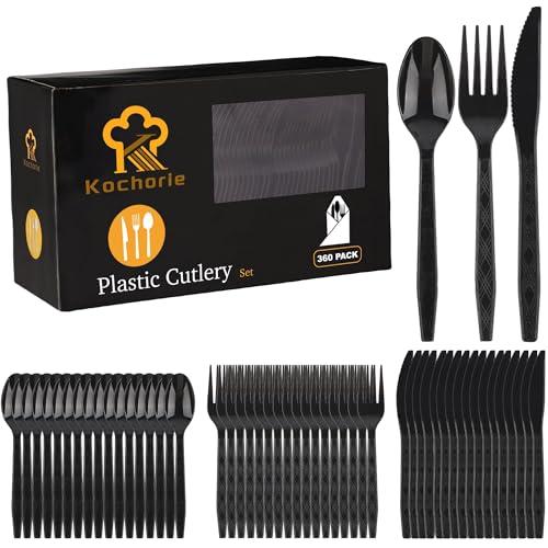 Kochorie 360 Pieces Black Plastic Cutlery Set Disposable Plastic Utensils Heavy Duty Flatware Set Includes 120 Knives 120 Forks 120 Spoons for Party Birthday