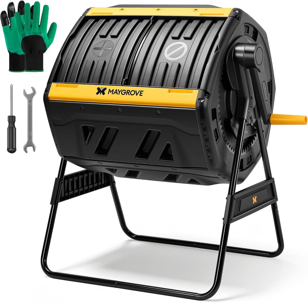 Maygrove Outdoor Compost Bin 53 Gallon, Dual Chamber Large Compost Tumbler for Garden Backyard, with 360 Rotating, Sliding Doors & Solid Steel Frame