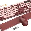 Wireless Keyboard and Mouse Combo - Cute Typewriter Keyboard with Detachable Wrist Rest, Retro Round Keycaps, Foldable Legs, 2.4GHz Full-Size Keyboard for PC, Laptop, Windows - Trueque (Wine Red)