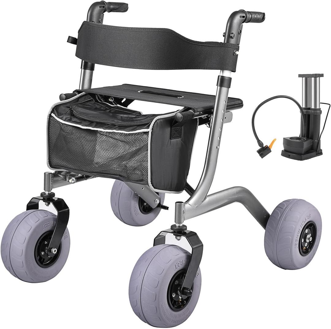 Beach Wheelchair with Balloon Tires, Lightweight Aluminum Folding Wheelchair for Soft Sand, Portable Beach Chair with Wheels for Outdoor (Large Size)