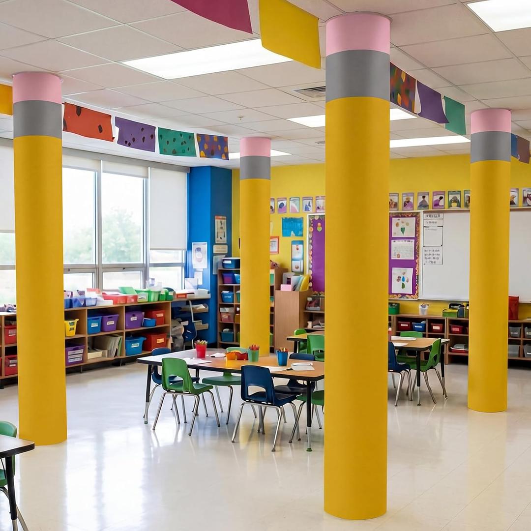 Breling 8 Pcs Pencil Back to School Column Wraps for Porch Decor 180 x 54" Pink Yellow Silver DIY Pillar Cover for First Day of School Party Supplies Classroom Outdoor Photo Booth Props with Tape