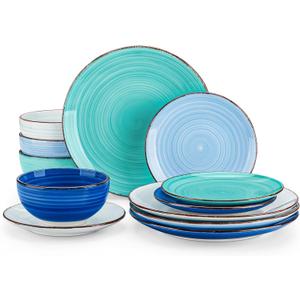 vancasso Bonita Dinnerware Set Blue Stoneware 12 Pieces Service for 4, Handpainted Spirals Pattern Stoneware Plates and Bowls Set