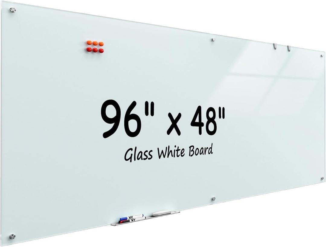 MaxGear Glass Whiteboard 96x48 Inches Wall Mounted, Magnetic White Board with 1 Eraser, 1 Accessory Tray, 4 Markers and 6 Magnets, Extra Large Frameless Dry Erase Board for Office, School, Home MaxGear Glass Whiteboard 96x48 Inches Wall Mounted, Magnetic White Board with 1 Eraser, 1 Accessory Tray, 4 Markers and 6 Magnets, Extra Large Frameless Dry Erase Board for Office, School, Home