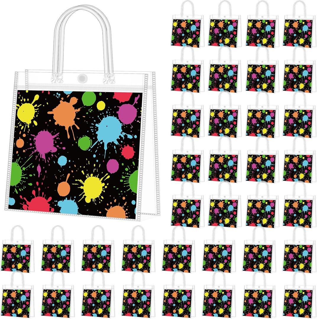 Supervitae 36 Pcs Glowing Clear Favor Bags with Handle Reusable Plastic PVC Gift Bag Neon Goodies Treats Totes for Birthday Wedding Christmas Party Supplies, 8 x 8 x 3.15 Inch