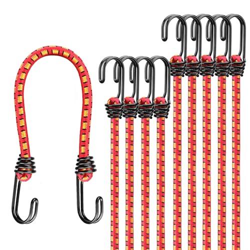 12" Elastic Bungee Cords with Hooks: 10 Pcs Bungee Cords Heavy Duty Outdoor, Bungie Cord Bundle Assortment with Metal Hook, Bungee Straps for Kayaking, Camping, Garage Storage