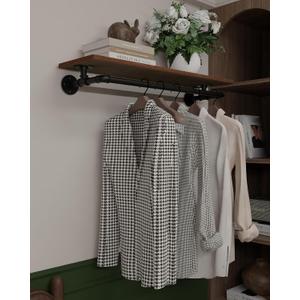 Clothes Rack 36in, Wall Mounted Garment Rack with Real Wood Shelf, Heavy Duty Hanging Clothes Rack, Multi-Purpose Hanging Rod, Space-Saving Closet Storage (Brown)