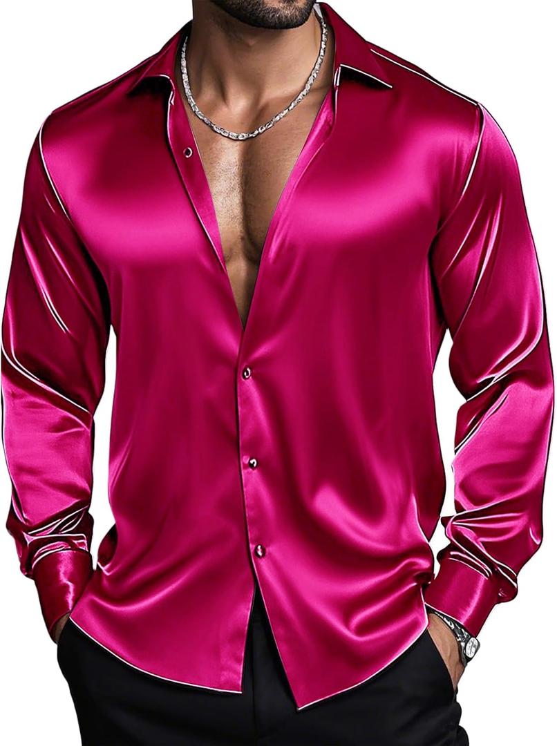 Barry.Wang Mens Stretch Dress Shirts Solid Long Sleeve Button Down Shirts Formal Casual Business Prom Party Wedding (Small, Satin Hot Pink)