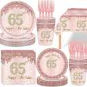 121Pcs 65th Birthday Party Supplies Plates Napkins Cups Forks Tablecloth Rose Gold Happy 65th Birthday Themed Disposable Tableware Decorations Serves 24 Guests for Women Ladies 65 Years Old Birthday