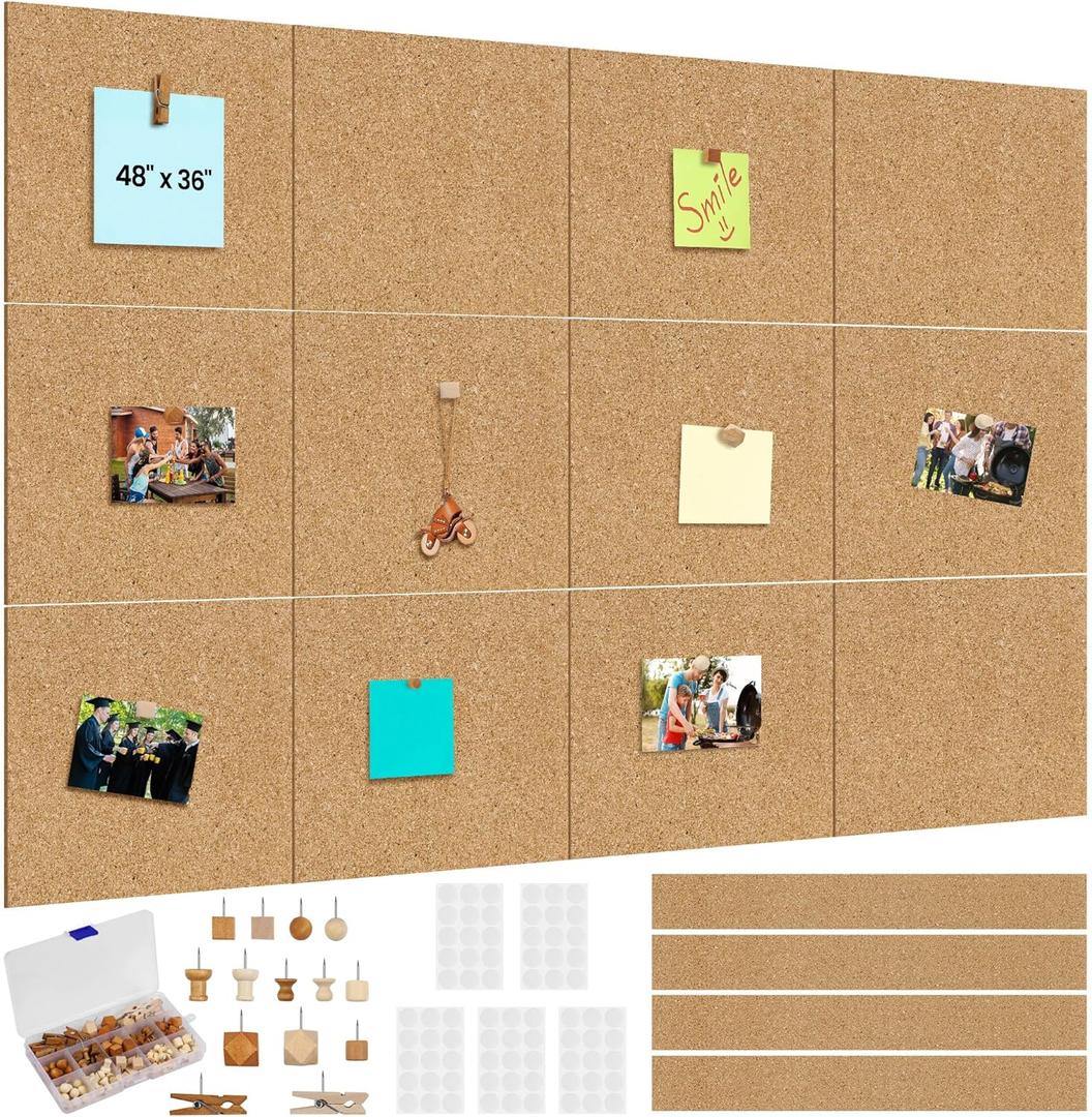 Aodaer 12 Pack Cork Boards 48" x 36" Thick Bulletin Board Tiles with 4 Frameless Cork Strips Pin Board Bar Strips with Push Pins Clips for Office School Home Walls