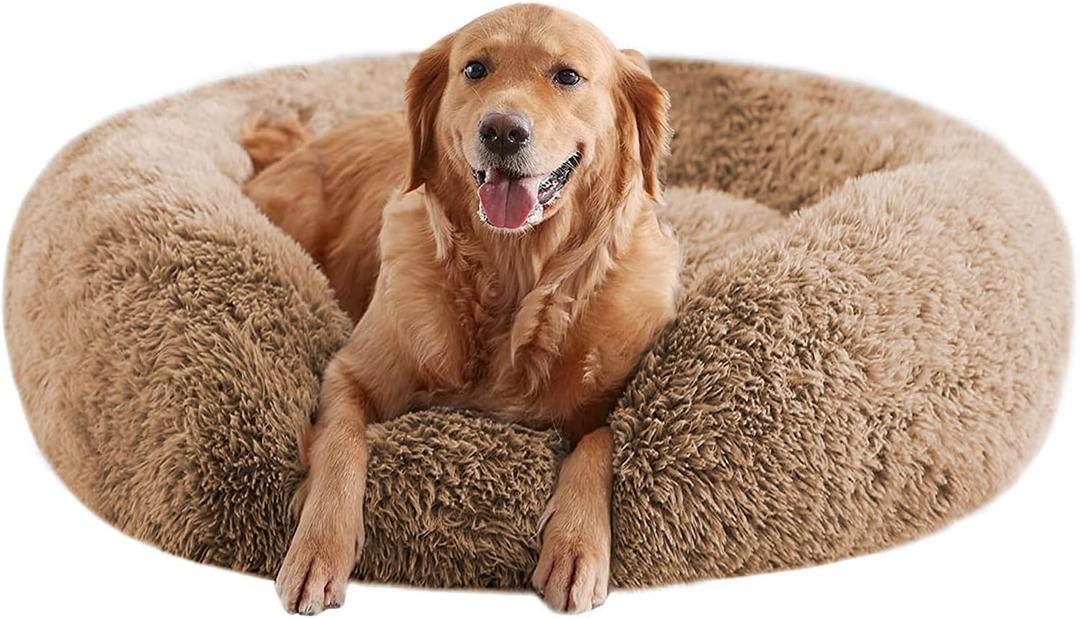 Calming Dog Beds for Large Dogs, Faux Fur Donut Cuddler Dog Bed, Round Fluffy Pillow, Washable Pet Bed for Dogs Up to 80Lbs, 36inch (Brown)