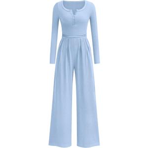 PRETTYGARDEN Jumpsuits for Women Dressy Casual 2026 Fall One Piece Outfits Long Sleeve Wide Leg Pants Romper Fashion Clothing (XX-Large, Light Blue)