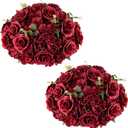 Nuptio Flower Balls for Wedding Centrepieces - 2 Pcs 15.7 inch Diameter Large Burgundy Artificial Flowers Roses Ball Fake Flower Arrangement Bouquet Faux Rose for Wedding Party Centrepiece Decorations
