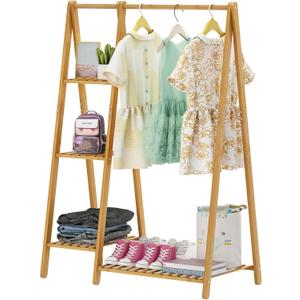 Bamboo Small Clothes Rack,Kids Clothing Rack, Mini Wooden Garment Rack with Shelves, Short toddler Dress Up Costume Racks for Hanging Cloth,Free Standing,Narrow