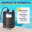 Acquaer 1/3 HP Submersible Water Pump, 115V Sump Pump with 3/4 Garden Hose Adapter, 2160 GPH High Flow Water Removal for Swimming Pool Cover Hot Tubs Flooded House Basement, Black