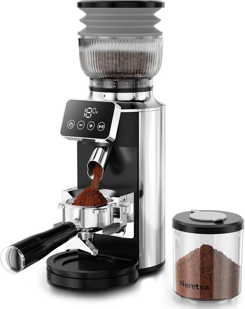 Neretva Burr Coffee Grinder, 2 in 1 Professional Espresso Grinder Stainless Steel Suit 51~58mm Portafilter Coffee Bean Grinder 30 Precise Setting & Anti-Static for Espresso/French Press/Drip/Cold Brew (Silver)