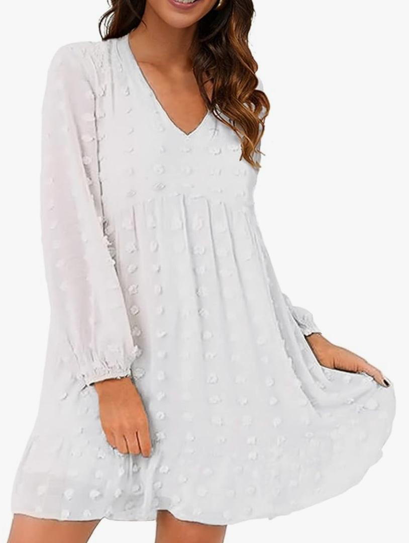 Blooming Jelly Womens White Dresses Flowy Babydoll Dress Chiffon Long Sleeve V Neck Cute Mini Tunic Dress Size Medium