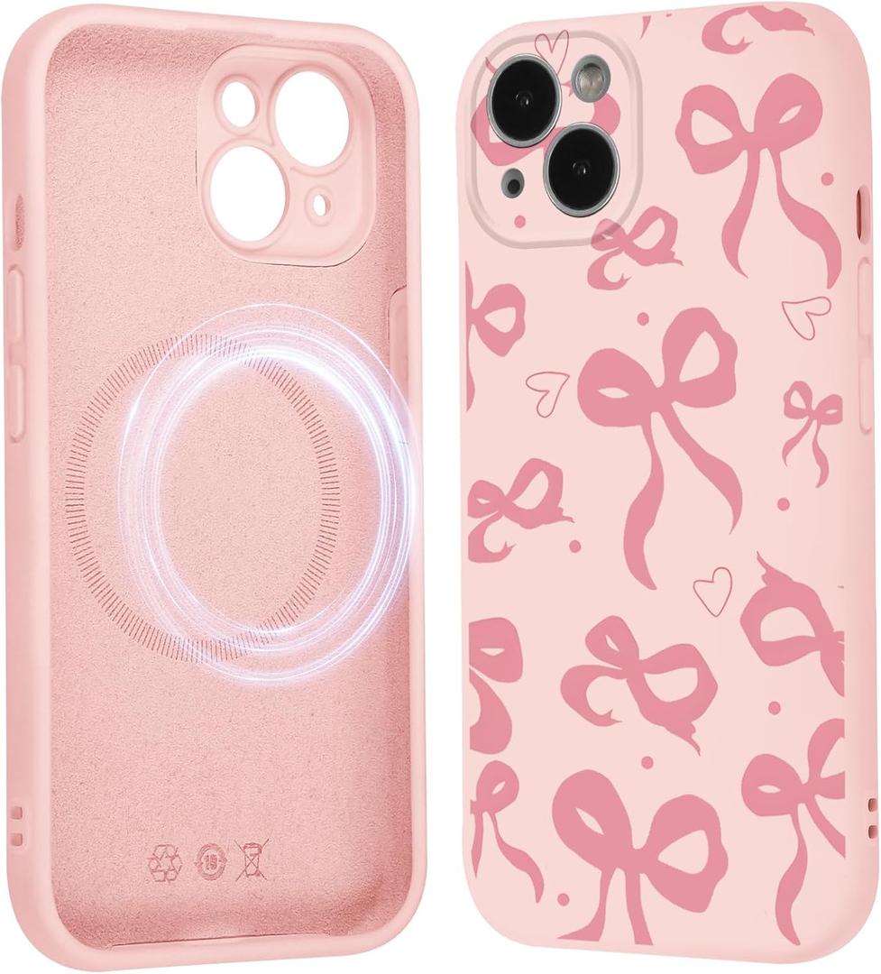 Cute Coquette Bow Heart Phone Case for iPhone 14 Magnetic Case 6.1", Compatible with Magsafe, Aesthetic Ribbon Bowknot Pattern Cover Soft Liquid Silicone Protection Women Girls Funda, Pink