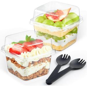Zezzxu 50 Pack 8 oz Plastic Dessert Cups with Lids and Sporks, Square Parfait Cups with Spoons Cake Containers for Pudding, Yogurt Fruit, Mousse, Trifle and Ice Cream Zezzxu 50 Pack 8 oz Plastic Dessert Cups with Lids and Sporks, Square Parfait Cups with Spoons Cake Containers for Pudding, Yogurt Fruit, Mousse, Trifle and Ice Cream