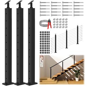 36" Complete Set Stair Cable Railing Post Kit for 28-38 Stairway, Stair Railing System DIY Kit Including 3 Stair Posts, 125FT Cable, 20 Terminal & 20 Angle Washers, 60 Grommets (No Handrail)