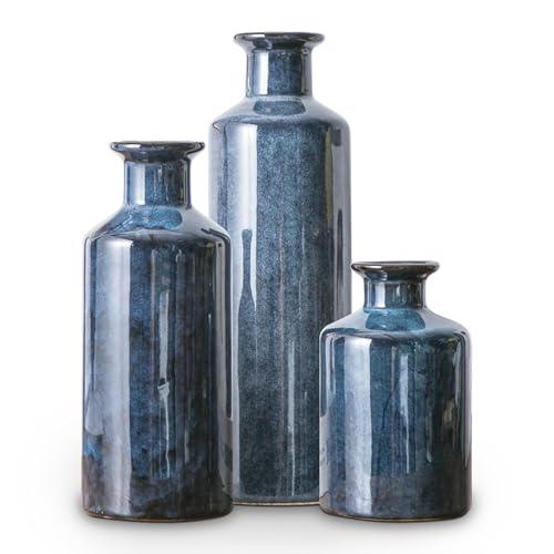 Sowlvenco Blue Ceramic Vase Set of 3, Modern Farmhouse Small Vases, Rustic Terracotta Bottles for Living Room Fireplace, Centerpiece Table Decor