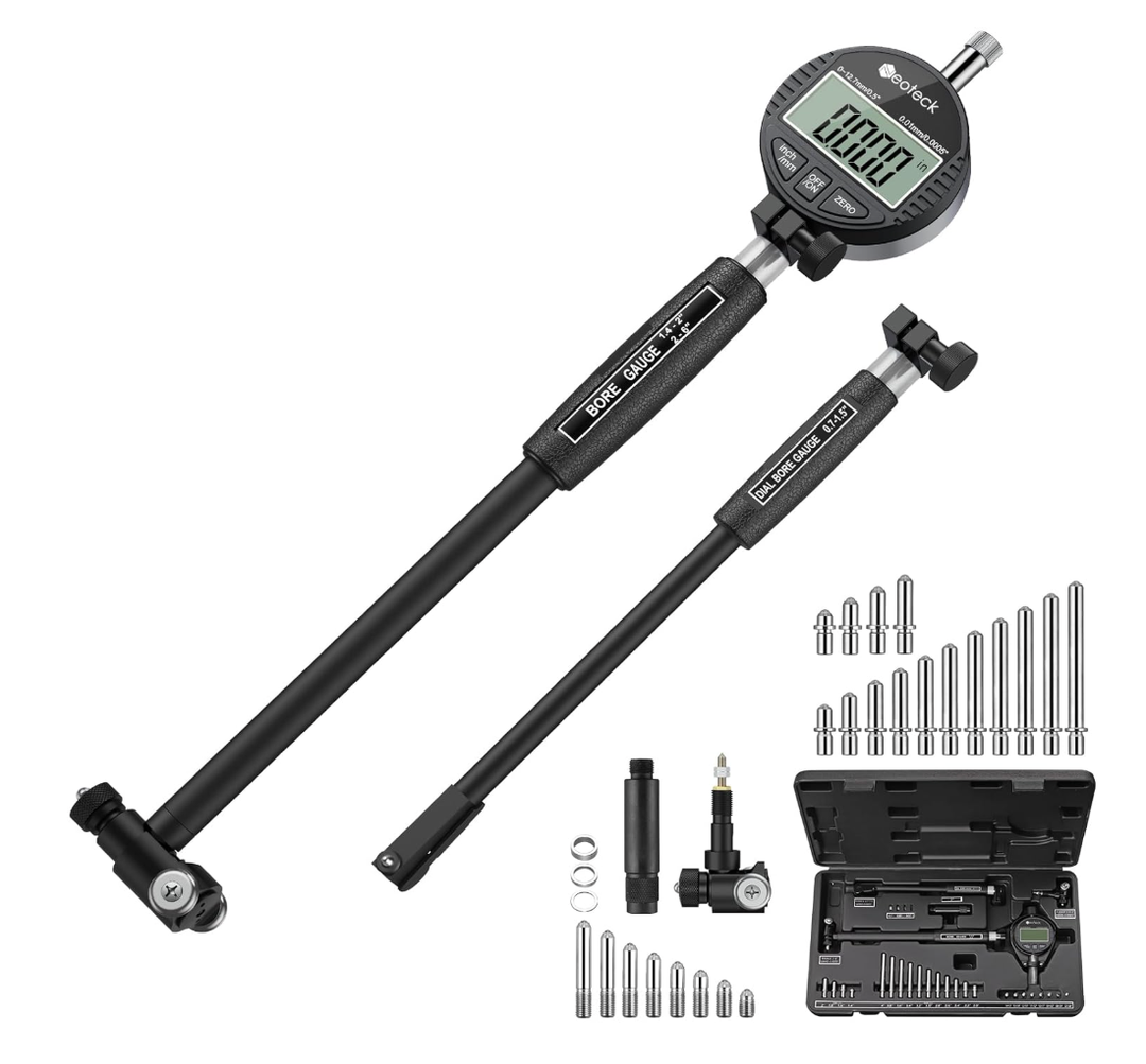Neoteck Digital Dial Indicator Bore Gauge with 0.7"-6"/0.0005" Measuring Range and 6" Measuring Depth Dial Bore Gauge Set with 23PCS Anvils for Engine Cylinder Measurement-Black