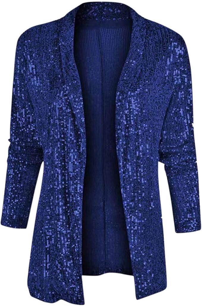 Sparkly Sequin Blazer Women Casual Long Sleeve Glitter Party Shiny Lapel Coat Lightweight Open Front Dress Suit Jacket, Blue, L