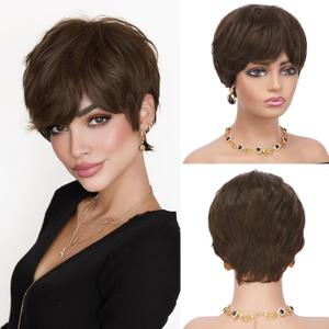 Pixie Cut Wig Human Hair for Black Women Short Straight Human Hair Wig with Bangs, Glueless None-Lace, Ready to Wear Layered Style - Dark Brown