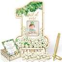 Wenqik 33 Pcs 1st Birthday Guest Book Alternatives 1st Decorations First Birthday Number One Shaped Photo Frame Centerpiece Keepsake with 30 Wood Slices(Wild One)