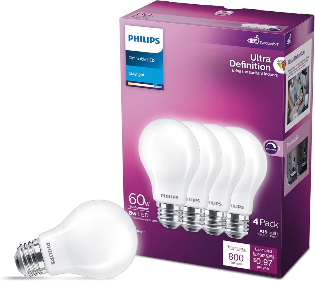 Philips LED 60W A19 4-Pack Ultra Definition Daylight (5000K) 800 Lumen (8W = 60W) Dimmable Frosted Flicker-Free Light Bulbs