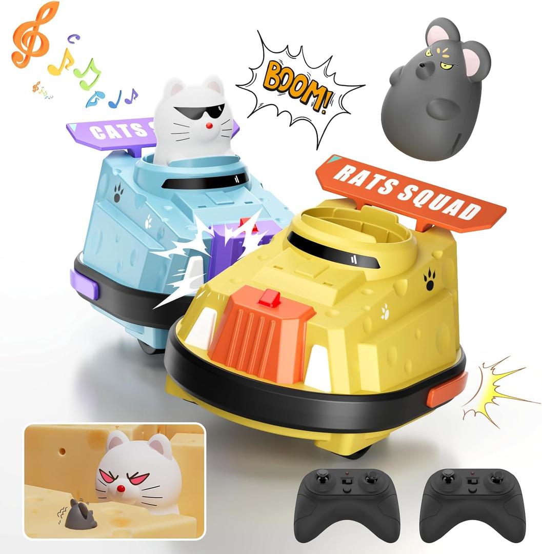 2 Pack Remote Control Car, RC Ejecting Bumper Car for Kids, Cat and Rat War Cheese Bumper Car, Car Toys for Ages 5-7, Christmas Birthday Gifts Toys for 3 4 5 6+ Year Old Boys Girls (Yellow)