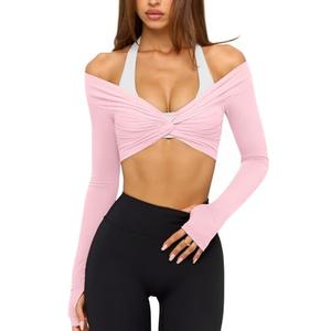 LASLULU Women's Long Sleeve Workout Tops Sexy Twist Front Bolero Shrugs Yoga Gym Ballet Wrap Tops Pilates Outfits (Light Pink, Small)