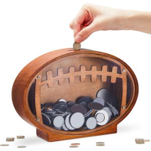 Wooden Football Piggy Bank for Kids Clear Piggy Bank with Transparent Window Cute Coin Box for Boys Girls and Adult Unbreakable Toddler Money Box for Christmas Birthday Sport Party Gift (9.8 x 6.7 x 2.4 Inches)