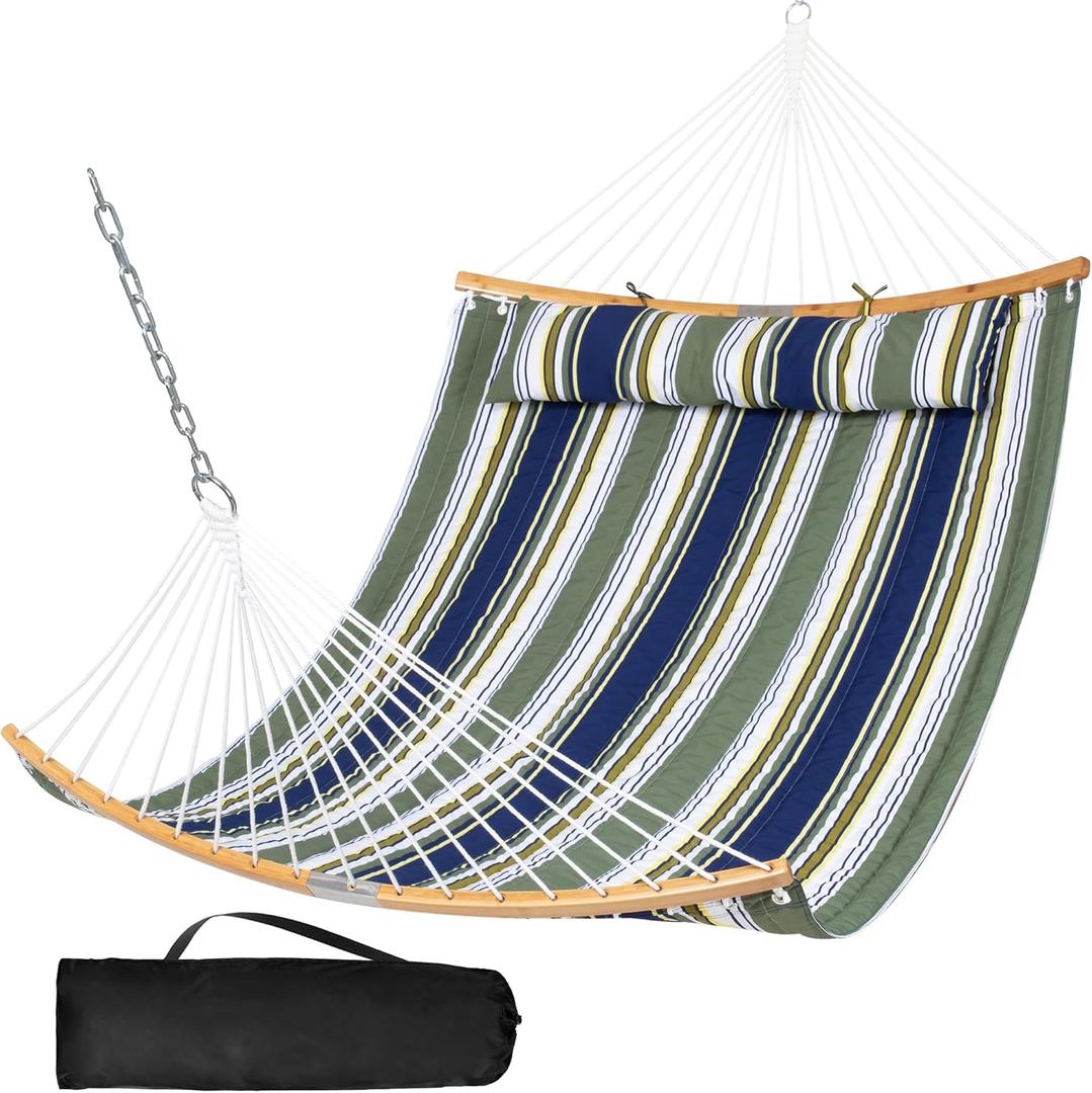 SUNCREAT Hammocks Portable Double Hammock with Curved Spreader Bar, 450 lbs Capacity, Heavy Duty Outdoor Hammock with Carrying Bag, Dark Green Stripes