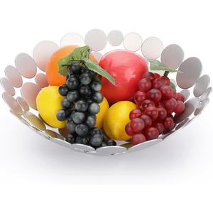 OwnMy Silver-Gray Metal Fruit Bowl Basket Creative Fruit Stand Round Fruit Tray Decorative Home Kitchen Countertop Fruit Holders, Iron Large Fruit Plate Round Storage Tray for Breads Snacks Candy