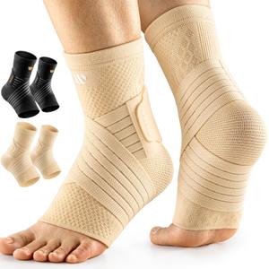 Low-Profile Ankle Braces for Women & Men, Customizable Ankle Compression Sleeve w/Wide Strap, Foot Support Wrap for Plantar Fasciitis Pain Relief, Achilles Tendonitis, Sprain, Beige, 1 Pair, L