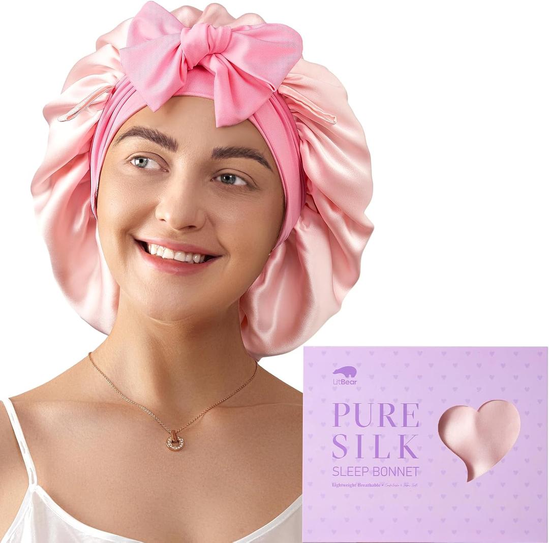 LitBear 100% Mulberry Silk Bonnet for Sleeping Women, 6A 22 Momme, Large Double-Layer Hair Wrap with Tie Band (Pink)
