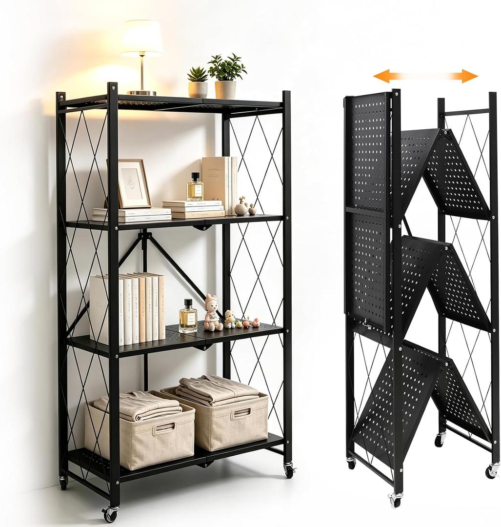 4 Tier Foldable Storage Shelf with Wheels No Assembly Metal Rack, 50.2 x 28.15 x 15.55 inches