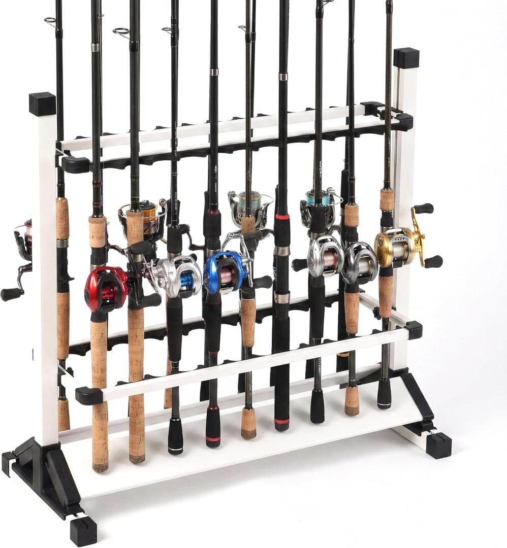 24-Rod Aluminum Fishing Rod/Pole Holder, Rustproof Fishing Rod Rack with 360 Lockable Wheels, Multi-Functional Storage Organizer for Garage & Home, Fits Most Rods & Golf Clubs (White)