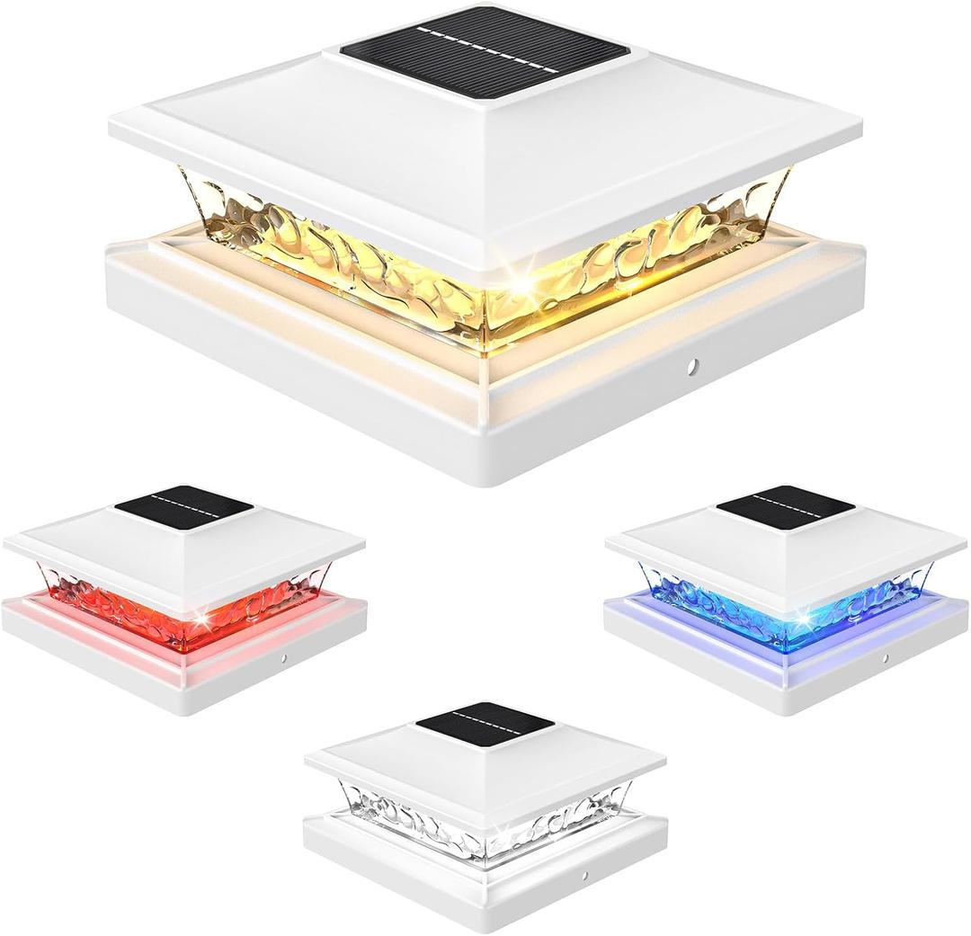 APONUO Solar Post Cap Lights with 8 RGB Solid Colors & Multicolor Flow - 4 Pack Fence Post Solar Lights, IP65 Waterproof - Fits 4x4 5x5 6x6 Wood & Vinyl Posts - White